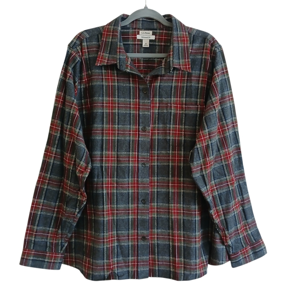 LL Bean Relaxed Fit Flannel Women's 2X Plus Gray Pocket Soft Classic Comfy